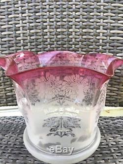 Large victorian cranberry etched oil lamp shade