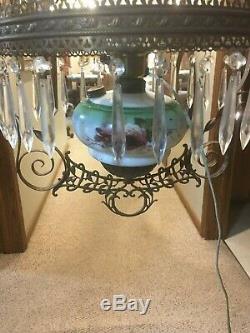 Late 1800s Victorian Hanging Parlor Library Kerosene Oil Electrified Lamp 14