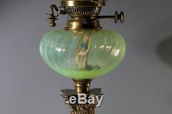 Late Victorian Hand Painted Oil Lamp Well Vaseline/Uranium Glass Shade Hinks&Co