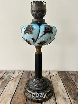 Louis Philipe style French oil lamp with opaline blue hand painted fount