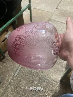Lovely Acid Etched Victorian Cranberry And Clear Glass Oil Lamp Shade