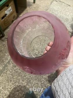 Lovely Acid Etched Victorian Cranberry And Clear Glass Oil Lamp Shade