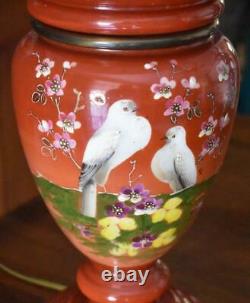 Lovely Antique Victorian Era Hnd Ptd Bird Motif Bristol Glass Oil Lamp Converted