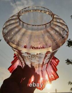 Lovely Victorian Cranberry Etched Glass Oil Lamp Shade