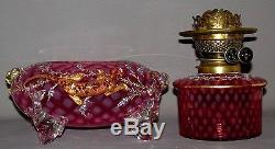 Magnificent Rare Moser Opalescent Cranberry Oil Lamp With Salamanders