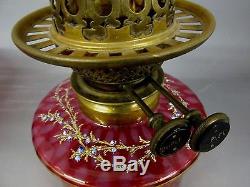 Magnificent Rare Moser Opalescent Cranberry Oil Lamp With Salamanders
