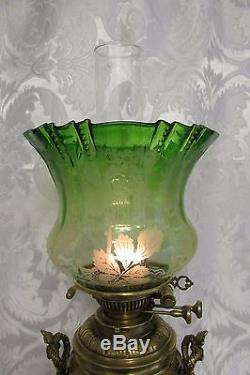 Magnificent Victorian Green Hand Blown Oil Lamp Shade 4 Duplex Fit Acid Etched