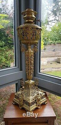 MASSIVE VICTORIAN Lampe Belge Green Man oil lamp base font 28 inches 73cm tall