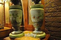Magnficent pair of very rare original antique Opaline glass Victorian oil lamp