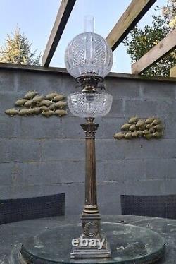 Magnificent 3 Foot Silver Plated Heavy Cut Glass Oil Lamp Walker & Hall Shade