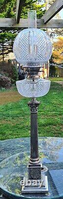 Magnificent 3 Foot Silver Plated Heavy Cut Glass Oil Lamp Walker & Hall Shade