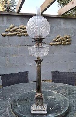 Magnificent 3 Foot Silver Plated Heavy Cut Glass Oil Lamp Walker & Hall Shade