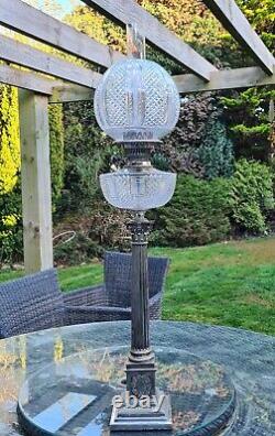 Magnificent 3 Foot Silver Plated Heavy Cut Glass Oil Lamp Walker & Hall Shade