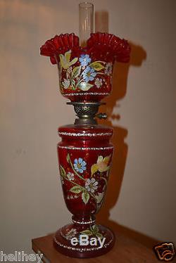 Magnificent Victorian/Bohemian glass hand painted oil lamp with Orig shade