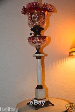 Magnificent Victorian Cranberry gilded/enameled glass oil lamp + shade