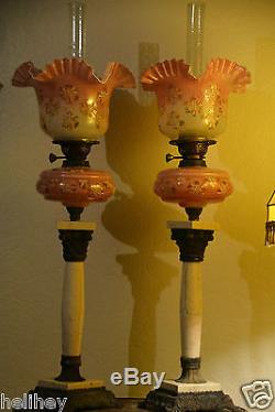 Magnificent pair of Victorian oil lamp + Murano Cranberry glass font and shade
