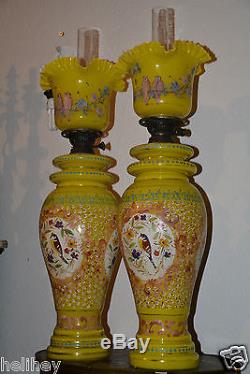 Magnificent pair of very large hand painted /enameled Victorian oil lamp