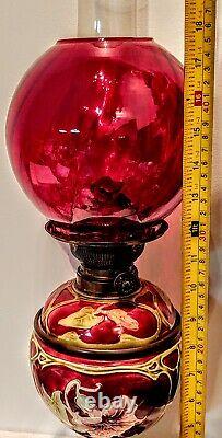 Majolica Antique German Oil Lamp Pottey Glass Font Metal Enamel base Ruby Shade