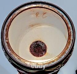 Majolica Antique German Oil Lamp Pottey Glass Font Metal Enamel base Ruby Shade