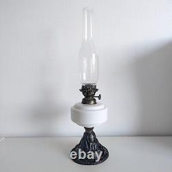 Messenger & Sons Oil Lamp with Milk Glass and Cast Iron Base, Antique Victorian