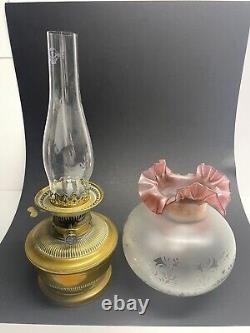 Messengers Harrods Brass Oil Lamp with Cranberry Glass Shade, and Chimney
