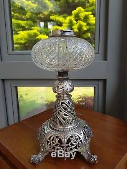 Messengers Victorian Silver Plated Deep Cut Glass Crystal Oil Lamp Font Base