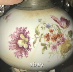 Moore Bros Hand Painted Flora Antique Porcelain Cherub Converted Oil Lamp 1800s