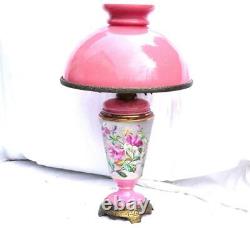 N894 Antique 19th French Porcelain Oil Lamp With Large Pink Opaline Glass Shade