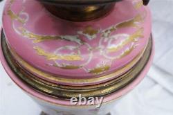 N894 Antique 19th French Porcelain Oil Lamp With Large Pink Opaline Glass Shade