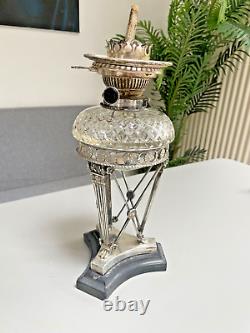 Neo classical revival silver oil lamp Messenger etched shade hobnail font