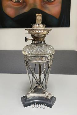 Neo classical revival silver oil lamp Messenger etched shade hobnail font