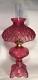 New Complete 9 1/2 Cranberry Princess Feather Glass Oil Lamp with Shade, Chimney