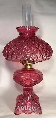 New Complete 9 1/2 Cranberry Princess Feather Glass Oil Lamp with Shade, Chimney