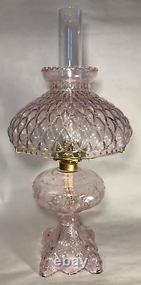 New Complete 9 1/2 Light Pink Princess Feather Glass Oil Lamp with Shade, Chimney
