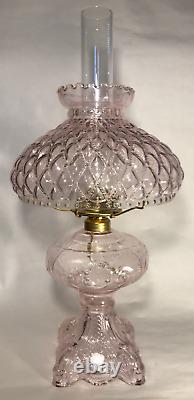 New Complete 9 1/2 Light Pink Princess Feather Glass Oil Lamp with Shade, Chimney