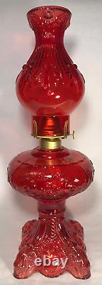 New Complete 9 1/2 Ruby Princess Feather Glass Oil Lamp with Ruby Chimney, Burner