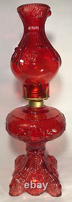 New Complete 9 1/2 Ruby Princess Feather Glass Oil Lamp with Ruby Chimney, Burner