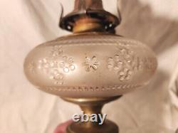 Nice Antique Victorian Champleve Enamel, Frost Glass Oil Tank Lamp Metal Base
