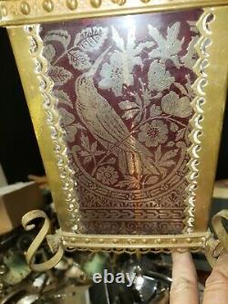 Nice Ornate Victorian Eastlake Pull Down Oil LAMP Cranberry Etched Glass & Brass