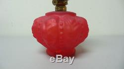 ORIGINAL 19th C. VICTORIAN RED SATIN GLASS MINIATURE OIL LAMP, NUTMEG BURNER
