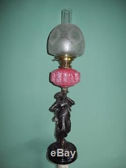 Original Antique Victorian (c1860) Figural Oil Lamp-etched Closed Tulip Shade