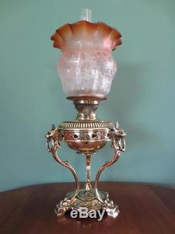 Original Antique Victorian(c1870)hinks Oil Lamp- Fine Etched Amber Tulip Shade