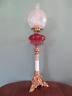 Original Antique Victorian(c1870)youngs Oil Lamp Cranberry Font & Etched Shade