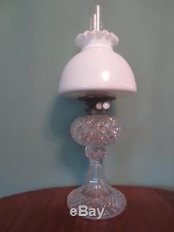 Original Antique Victorian (c1880) Hinks Cut Glass Oil Lamp & Opal Vesta Shade