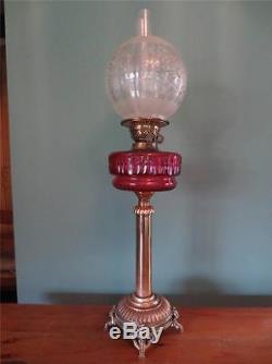Original Antique Victorian (c1890) Cranberry Glass Column Oil Lamp/etched Shade