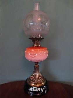Original Antique Victorian(cir1890)oil Lamp-amber Glass Font-etched Globe Shade