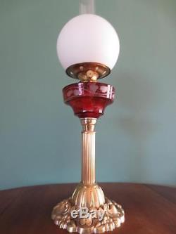 Original Antique Victorian (circa1880)oil Lamp-etched Cranberry Font-globe Shade