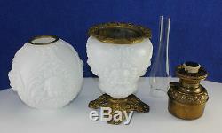 ORIGINAL Victorian GWTW Ornate Embossed Cherub Angel Banquet Milk Glass Oil Lamp