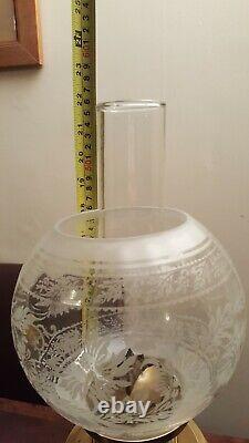 Oil Lamp Etched Shade With Chimne Use Or Display Tested Working Antique