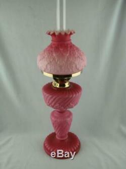Oil Lamp, Pink Satin Glass Overlay, Acanthus Leaf Decor To Shade, Base & Font